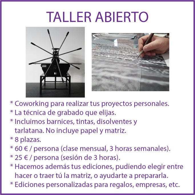 Taller de grabado y coworking con información sobre precios y disponibilidad.